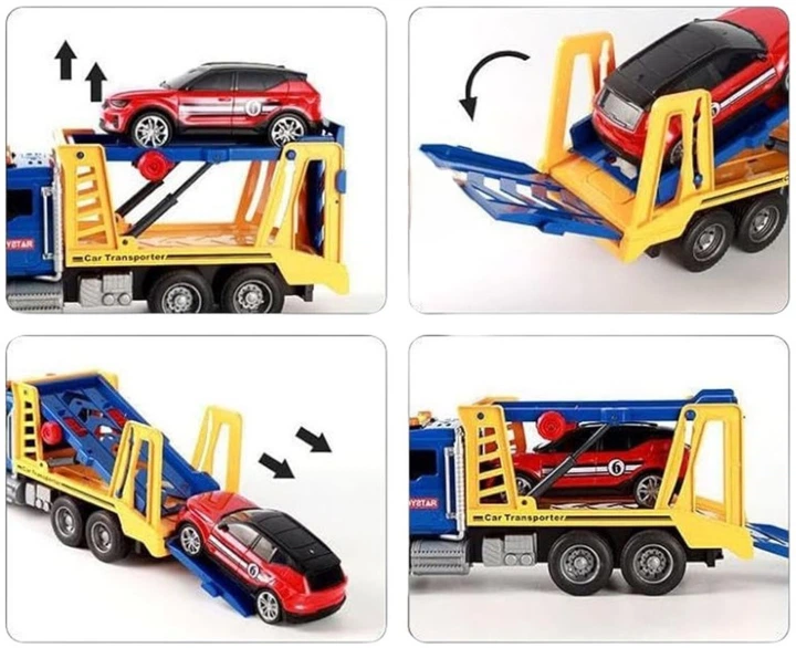 Ciężarówka transporter Woopie laweta z autkiem z efektami świetlnymi i dźwiękowymi 1:14 Niebieska 57215 (5906280657215) - obraz 3