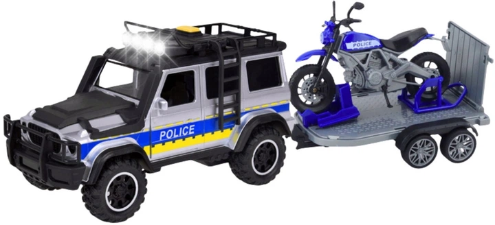 Zestaw Woopie samochód terenowy policyjny z przyczepą na motocykl z efektami świetlnymi i dźwiękowymi 1:18 Czarno-niebieski 57253 (5906280657253) - obraz 2
