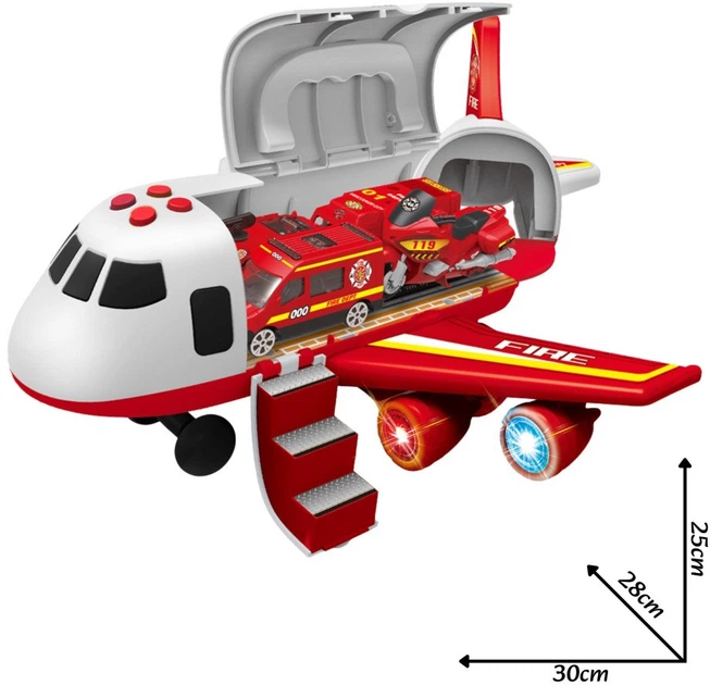 Zestaw straży pożarnej Woopie Samolot + Rozkładany transporter z 3 autami + Znaki drogowe 1:64 Biało-czerwony 58137 (5906280658137) - obraz 4