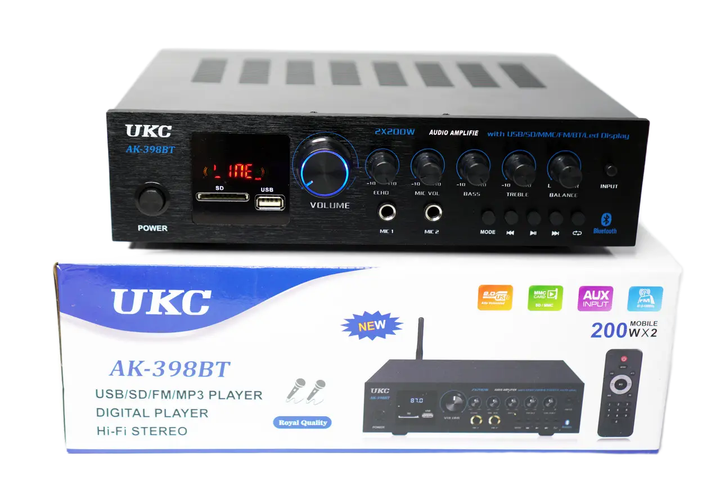 Усилитель звука UKC AK-398BT Black с Bluetooth USB FM SD MP3 2×200 Вт с микрофонами и караоке пультом (10373) - изображение 4