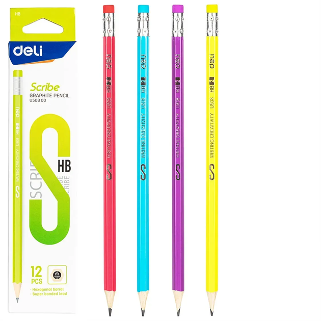 Олівець графітовий DELI U50800 HB Scribe з резинкою, неон (12) /U50800 HB/ - Фото 1 Олівець графітовий DELI U50800 HB Scribe з резинкою, неон (12) /U50800 HB/ - зображення 1
