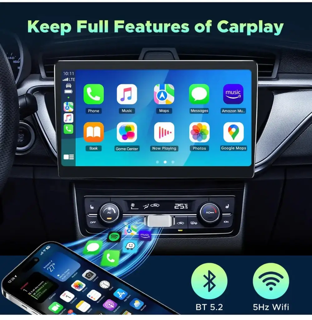 Беспроводной адаптер CarPlay и Android Auto LAMTTO RC22: Wi-Fi 5.8GHz, Plug & Play, Автоподключение, для 99% авто (Black) - изображение 3