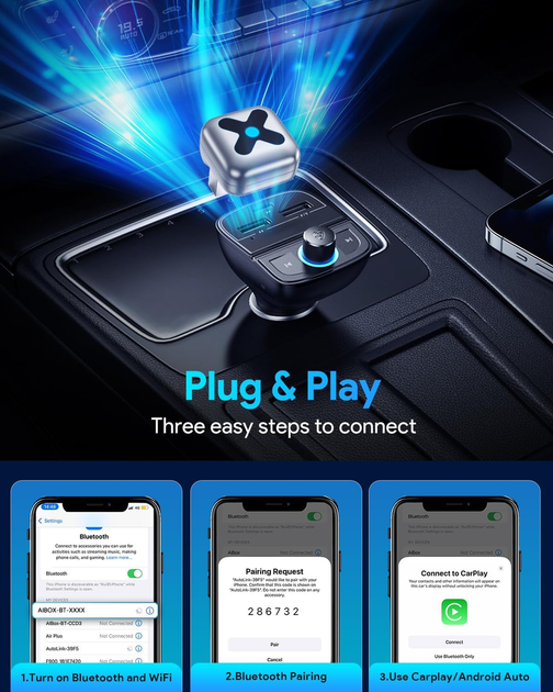 Беспроводной адаптер CarPlay и Android Auto 2в1 FAHREN: Wi-Fi 5.8GHz, Чип A9, Алюминиевый корпус, USB-A/C (Silver) - изображение 7