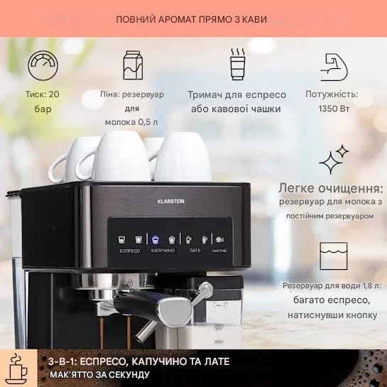 Кофеварка KLARSTEIN Arabica Comfort 1350 W 20 бар (10041523) - изображение 7