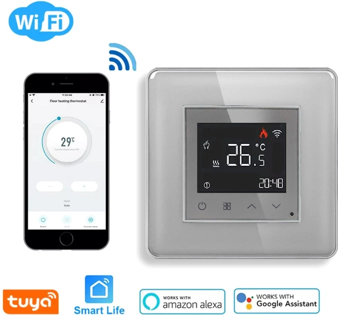 Умный Wi-Fi терморегулятор ELIOS сенсорный для электрического тёплого пола, серый, стеклянная панель - изображение 5