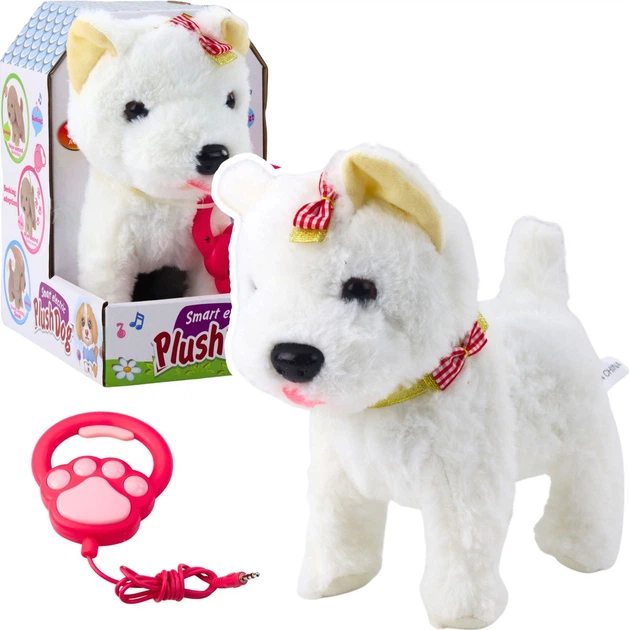 Інтерактивна собачка LEAN Toys з бантами на повідку ходить і гавкає Біла 25150 (5905991062172) - зображення 4