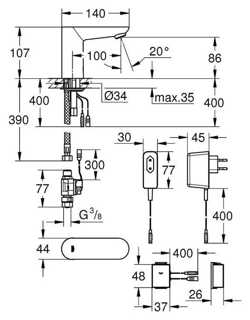 Змішувач для умивальника настільний сенсорний хром Grohe Euroeco 36409000 (00147622) - Фото 2 Змішувач для умивальника настільний сенсорний хром Grohe Euroeco 36409000 (00147622) - изображение 2