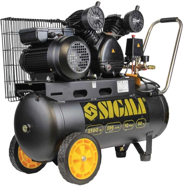 Компрессор двухцилиндровый ременной Sigma (V) 2.5 кВт 396 л/мин 10 бар 50 л, 2 крана (7044131) - Фото 1 Компрессор двухцилиндровый ременной Sigma (V) 2.5 кВт 396 л/мин 10 бар 50 л, 2 крана (7044131) - изображение 1
