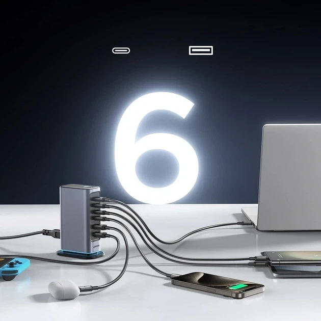 Настільний зарядний пристрій JOYROOM JR-TCM02 GaN 65 Вт EU 4 x USB-C + 2 x USB-A Black-Grey - зображення 4
