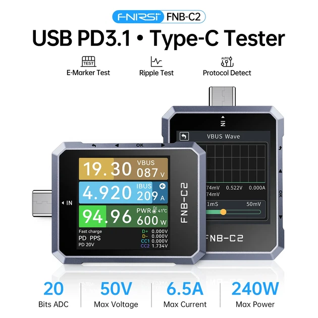 USB тестер Fnirsi FNB-C2, Type-C PD3.1, тестер кабелів E-marker чіп - зображення 2