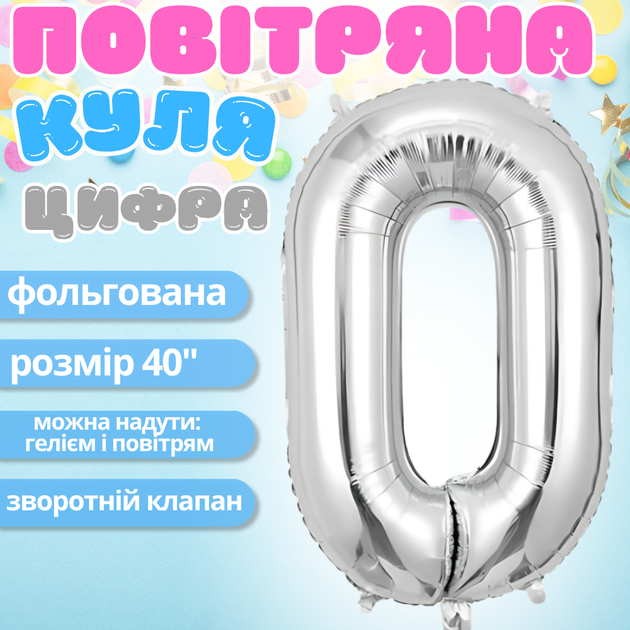 Воздушный шар 40 дюймов фольгированый в виде цифры 0 серебро - изображение 2