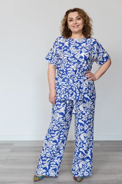 Костюм жіночий повсякдений-casual льон єврожатка синіо-білий 02-110 52р - Фото 1 Костюм жіночий повсякдений-casual льон єврожатка синіо-білий 02-110 52р - изображение 1
