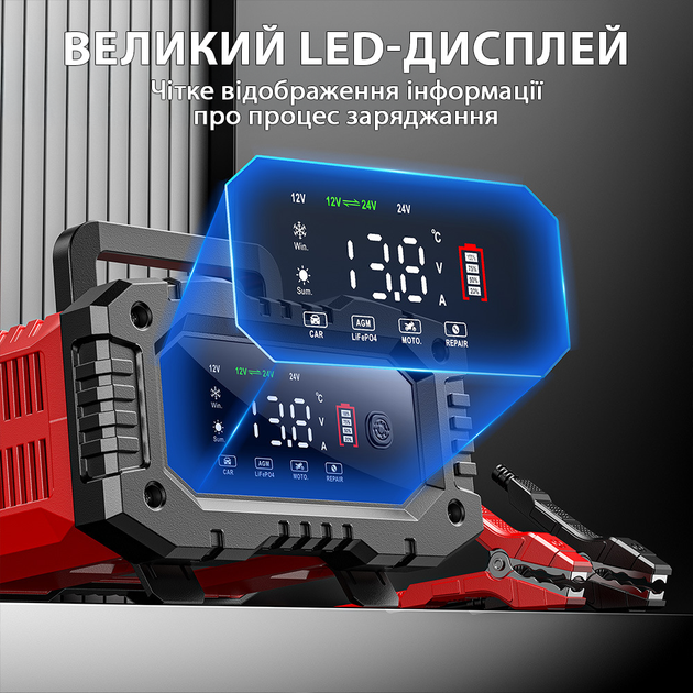 Автоматичний зарядний пристрій FOXSUR FPT-200 12V 20A / 24V 10A імпульсний для кислотних AGM гелевих GEL LiFePO4 акумуляторів - зображення 4