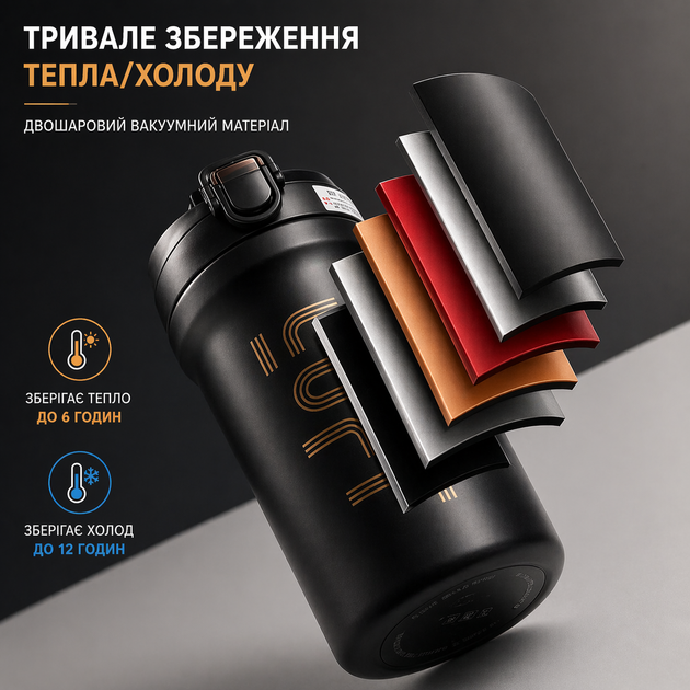 Термокружка 600 мл из нержавеющей стали 316 черная – вакуумный термос с кнопкой, герметичный, для кофе и чая - Фото 6 Термокружка 600 мл из нержавеющей стали 316 черная – вакуумный термос с кнопкой, герметичный, для кофе и чая - изображение 6