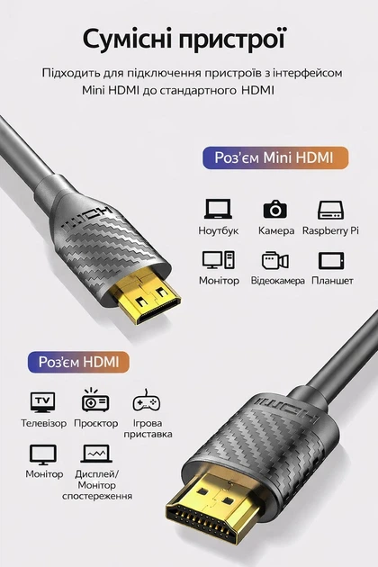 Кабель HDMI - miniHDMI 2 метра ULEN 4K двонаправлений швидкісний 18 Gbps шнур перехідник - зображення 2