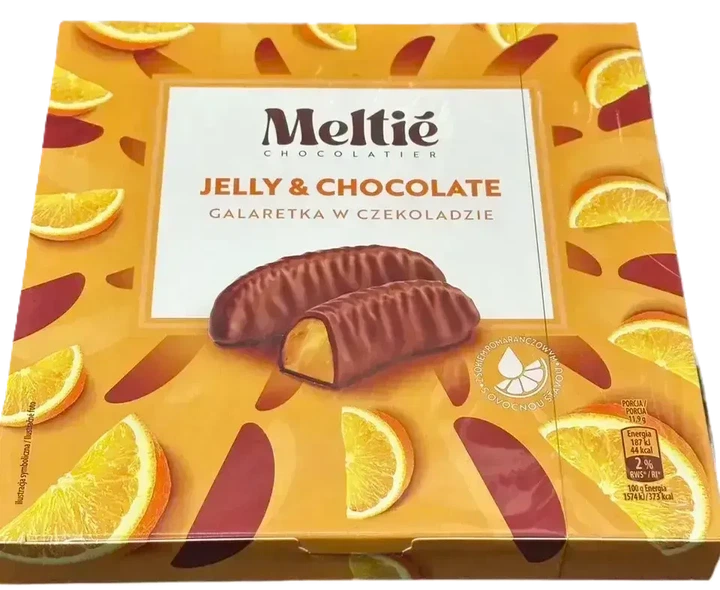 Желейні цукерки Meltie Jelly & Chocolate апельсинові в шоколаді 190 г - Фото 1 Желейні цукерки Meltie Jelly & Chocolate апельсинові в шоколаді 190 г - зображення 1