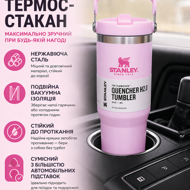 Термочашка Stanley The IceFlow Flip Straw Tumbler 30 oz (0.88 л) Рожева - Фото 3 Термочашка Stanley The IceFlow Flip Straw Tumbler 30 oz (0.88 л) Рожева - изображение 3