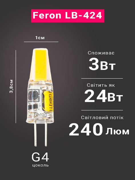 Светодиодная лампа Feron LB-424 3Вт G4 4000K 12V свет белый нейтральный (LB-424/4000) - изображение 2