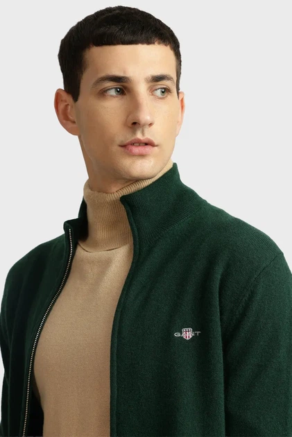 Чоловічий зелений вовняний кардиган EXTRAFINE LAMBSWOOL ZIP Gant S 8050275 - изображение 4