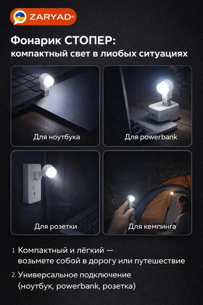 Портативный Карманный Мини-Фонарик Для Повербанка LED Белый набор 3+1 шт.\ LED лампы 3 шт \ USB Lamp 1W - изображение 3
