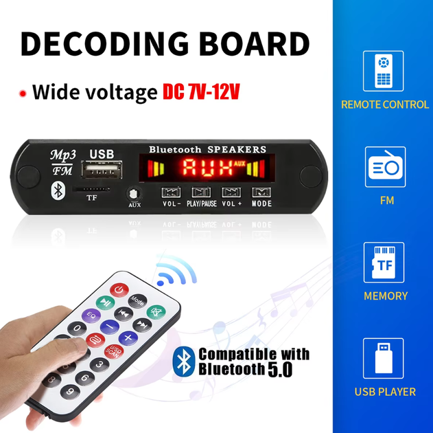 Bluetooth 5.0 DC 9V 12V MP3 декодер.Бездротовый автомобильный MP3-плеер USB Модуль громкой связи TF FM радио - изображение 6
