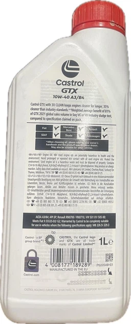Мастило Castrol GTX 10W-40 A3/B4 1 л (15F8FE) - Фото 2 Мастило Castrol GTX 10W-40 A3/B4 1 л (15F8FE) - зображення 2