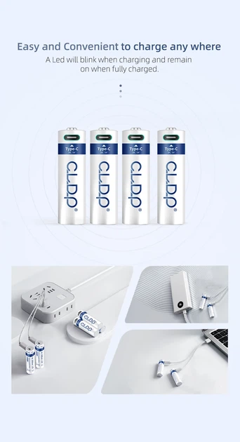 Акумуляторна батарейка AA CLDP Li-Ion 1.5V 2600mWh Type-C USB 4 шт - Фото 5 Акумуляторна батарейка AA CLDP Li-Ion 1.5V 2600mWh Type-C USB 4 шт - зображення 5