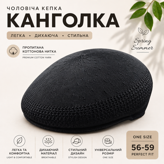 Кепка мужская канголка черного цвета из хлопковой нити размер 56-59 весна-лето - изображение 5