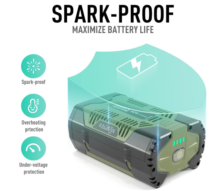 Літій-іонний акумулятор GREEN MACHINE 62V 4.0Ah Green Works Mowox - Фото 2 Літій-іонний акумулятор GREEN MACHINE 62V 4.0Ah Green Works Mowox - зображення 2