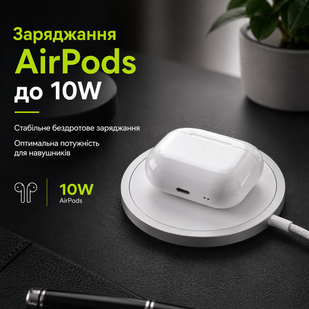 Бездротовий зарядний пристрій магнітна зарядка для iPhone, Android, Airpods WALKER WH-55 15W MagSafe white - зображення 3