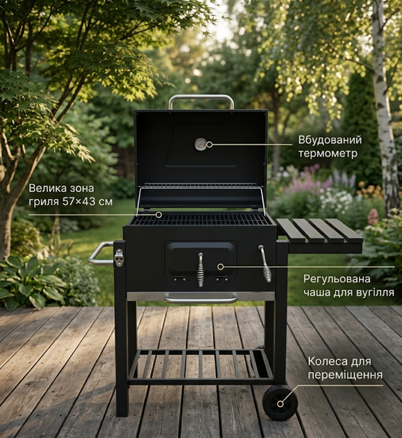 Гриль барбекю вугільний із кришкою BBQ мангал на колесах для дачі пересувний гриль із решіткою в альтанку для стейків із дахом - зображення 2