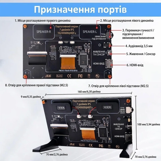 Монітор портативний сенсорний 7" GeeekPi EP-0177 HD IPS 60 Гц - Уцінка - зображення 6