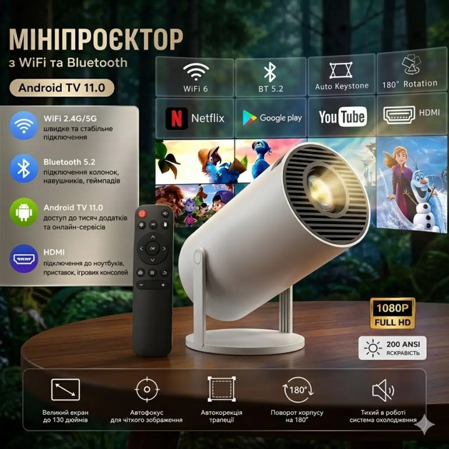 Мініпроєктор з WiFi та Bluetooth Android TV 11.0 і підтримкою WiFi 2.4G/5G та Bluetooth - Фото 1 Мініпроєктор з WiFi та Bluetooth Android TV 11.0 і підтримкою WiFi 2.4G/5G та Bluetooth - зображення 1
