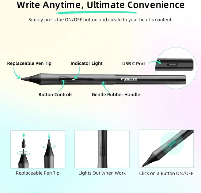 Стилус Metapen D1 iPad Pencil для Apple iPad 10/9, эргономичная ручка и управление приложениями Черный - изображение 2