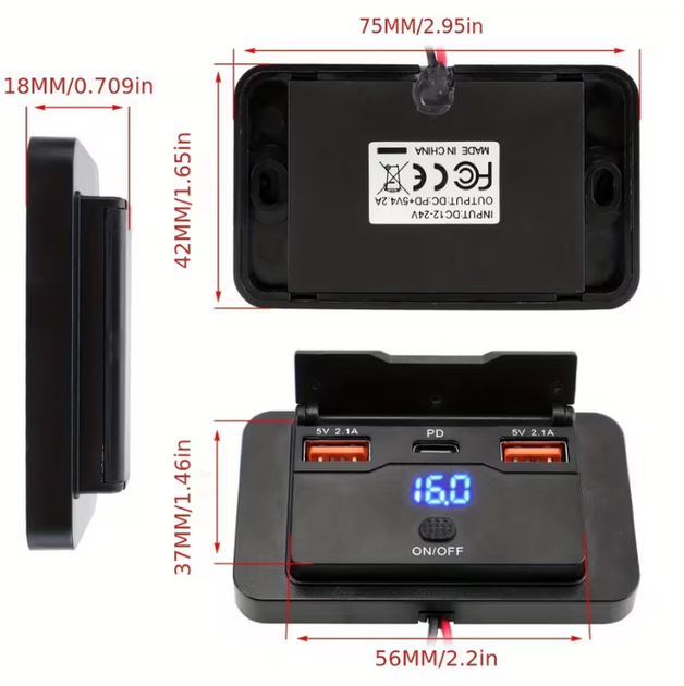 Панельная USB зарядка 12 24 V для авто C PD 2 USB A с вольтметром кнопкой и крышкой - изображение 2