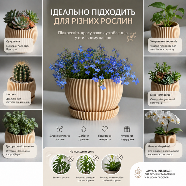 Горшок для цветов 0,5 л с поддоном, кашпо декоративное рифлёное, компактный вазон для дома и офиса - Фото 2 Горшок для цветов 0,5 л с поддоном, кашпо декоративное рифлёное, компактный вазон для дома и офиса - изображение 2