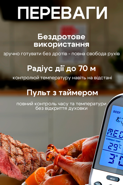 Термометр кухонний бездротовий щуп для м'яса з дисплеєм цифровий з таймером і пультом TS-BN52 BRS - Фото 2 Термометр кухонний бездротовий щуп для м'яса з дисплеєм цифровий з таймером і пультом TS-BN52 BRS - зображення 2