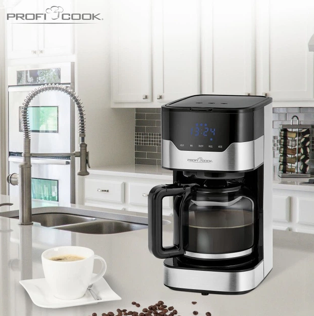 Крапельна кавоварка ProfiCook 1,5 л сенсорне керування таймер 24 години 900 Вт нержавіюча сталь антикрапельна система чорна/сталь - зображення 2