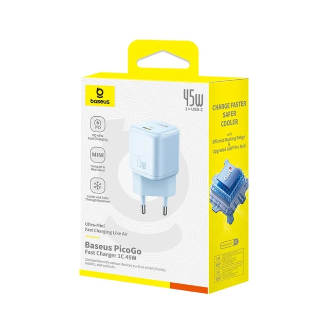 Мережевий зарядний пристрій Baseus PicoGo 45W, GaN, USB-C, Power Delivery, швидка зарядка для смартфонів, планшетів і ноутбуків, компактний адаптер - Фото 2 Мережевий зарядний пристрій Baseus PicoGo 45W, GaN, USB-C, Power Delivery, швидка зарядка для смартфонів, планшетів і ноутбуків, компактний адаптер - зображення 2