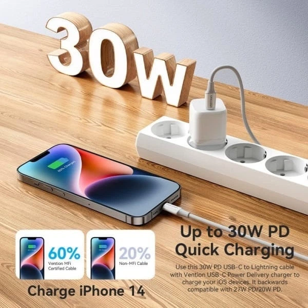 Кабель USB 2.0 Type-C M-Lightning M, 1.0 м, PD 27W, PVC, білий Vention - зображення 5