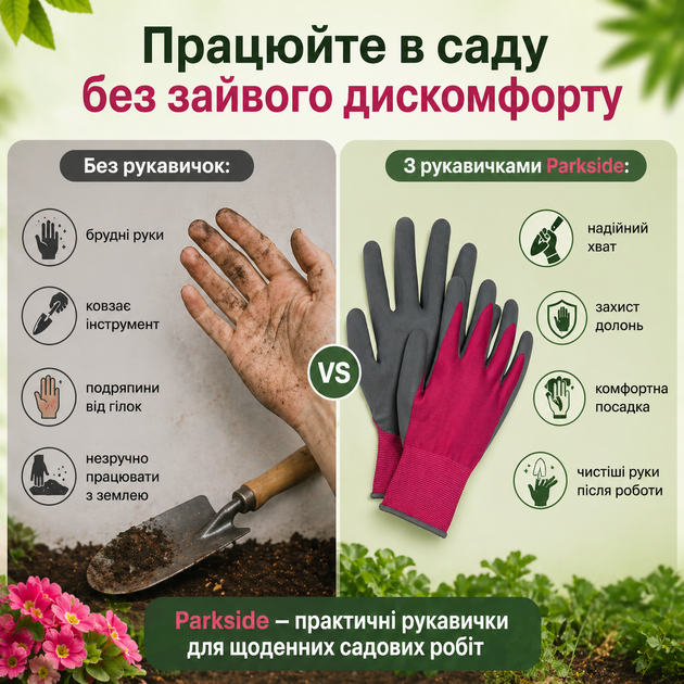 Садовые перчатки Parkside LIDL женские с нескользящим латексным покрытием для огорода дачи клумб размеры - Фото 4 Садовые перчатки Parkside LIDL женские с нескользящим латексным покрытием для огорода дачи клумб размеры - изображение 4