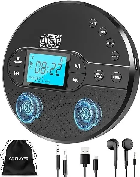Портативний CD-плеєр CD-35 з Bluetooth 5.1, FM-трансмітером та динаміками – перезаряджуваний, з LCD-дисплеєм чорний - Фото 1 Портативний CD-плеєр CD-35 з Bluetooth 5.1, FM-трансмітером та динаміками – перезаряджуваний, з LCD-дисплеєм чорний - зображення 1