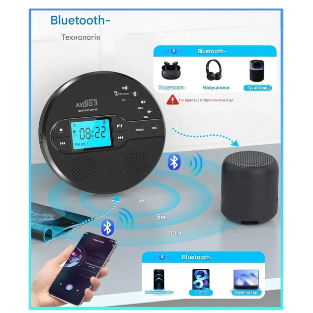 Портативний CD-плеєр CD-35 з Bluetooth 5.1, FM-трансмітером та динаміками – перезаряджуваний, з LCD-дисплеєм чорний - Фото 5 Портативний CD-плеєр CD-35 з Bluetooth 5.1, FM-трансмітером та динаміками – перезаряджуваний, з LCD-дисплеєм чорний - зображення 5