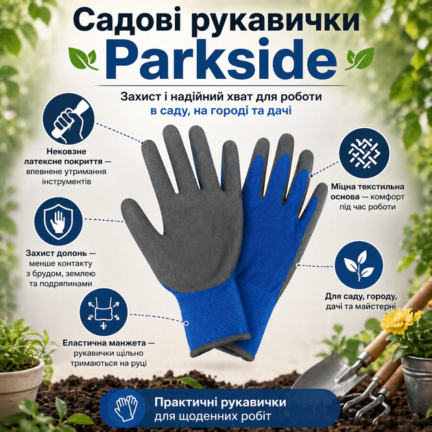Рукавички робочі Parkside LIDL сині з латексним покриттям, нековзні для саду, городу, дачі та господарства - Фото 1 Рукавички робочі Parkside LIDL сині з латексним покриттям, нековзні для саду, городу, дачі та господарства - зображення 1