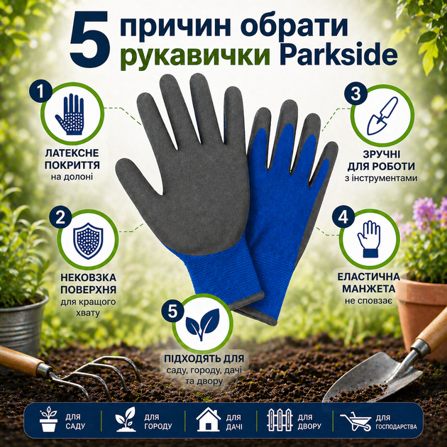 Рукавички робочі Parkside LIDL сині з латексним покриттям, нековзні для саду, городу, дачі та господарства - Фото 5 Рукавички робочі Parkside LIDL сині з латексним покриттям, нековзні для саду, городу, дачі та господарства - зображення 5