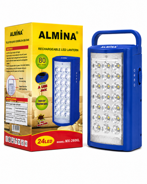 Фонарь аккумуляторный ALMINA MX-2606L 24 LED 6V 4Ah с USB-разъемом синий - Фото 5 Фонарь аккумуляторный ALMINA MX-2606L 24 LED 6V 4Ah с USB-разъемом синий - изображение 5