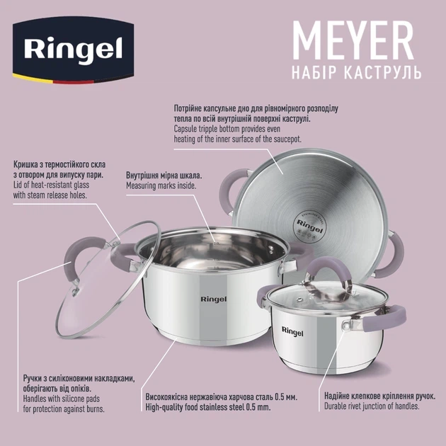 Набор кастрюль RINGEL Meyer (1.6 л+2.3 л+3.2 л) RG-6000 - зображення 4