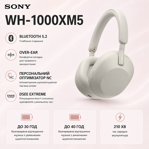 Бездротові навушники з мікрофоном Sony WH-1000XM5 Bluetooth 5.2 Сріблястий (WH1000XM5S.CE7) - зображення 2