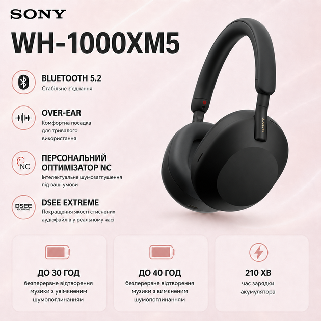 Наушники беспроводные с микрофоном Sony WH-1000XM5 Bluetooth 5.2 Черный (WH1000XM5B.CE7) - Фото 2 Наушники беспроводные с микрофоном Sony WH-1000XM5 Bluetooth 5.2 Черный (WH1000XM5B.CE7) - изображение 2