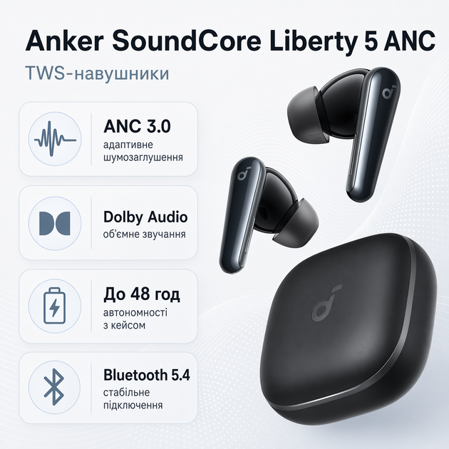 Бездротові навушники Anker SoundCore Liberty 5 ANC Bluetooth 5.4 IP55 Black (A3957G11) - зображення 2